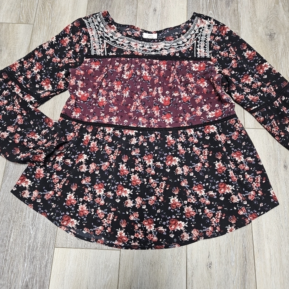 Knox Rose Floral Embroidered Tiered Relaxed Fit Peasant Top Blouse Womens Small